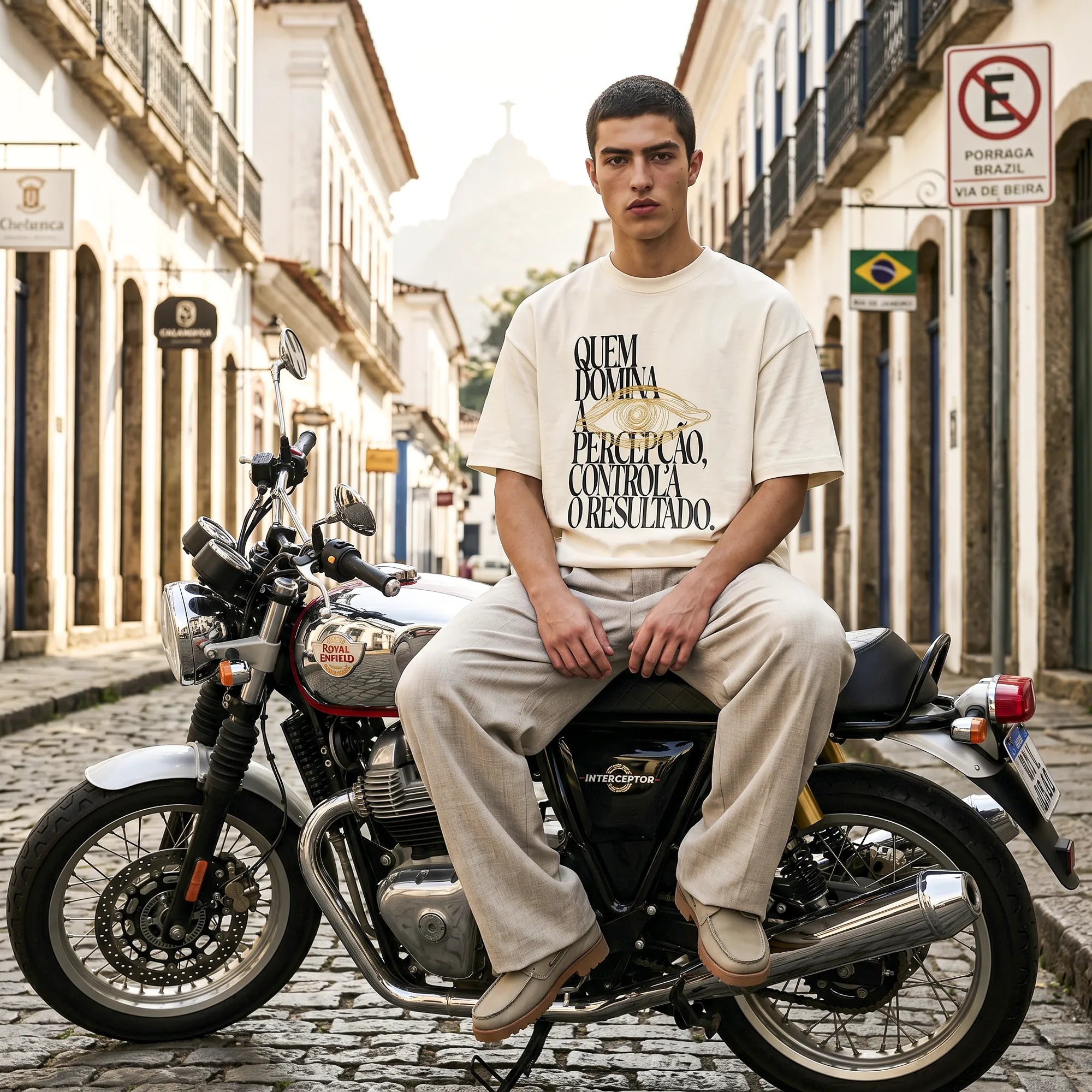Camiseta Oversized Quem Domina a Percepção, Controla o Resultado Masculina Off-White