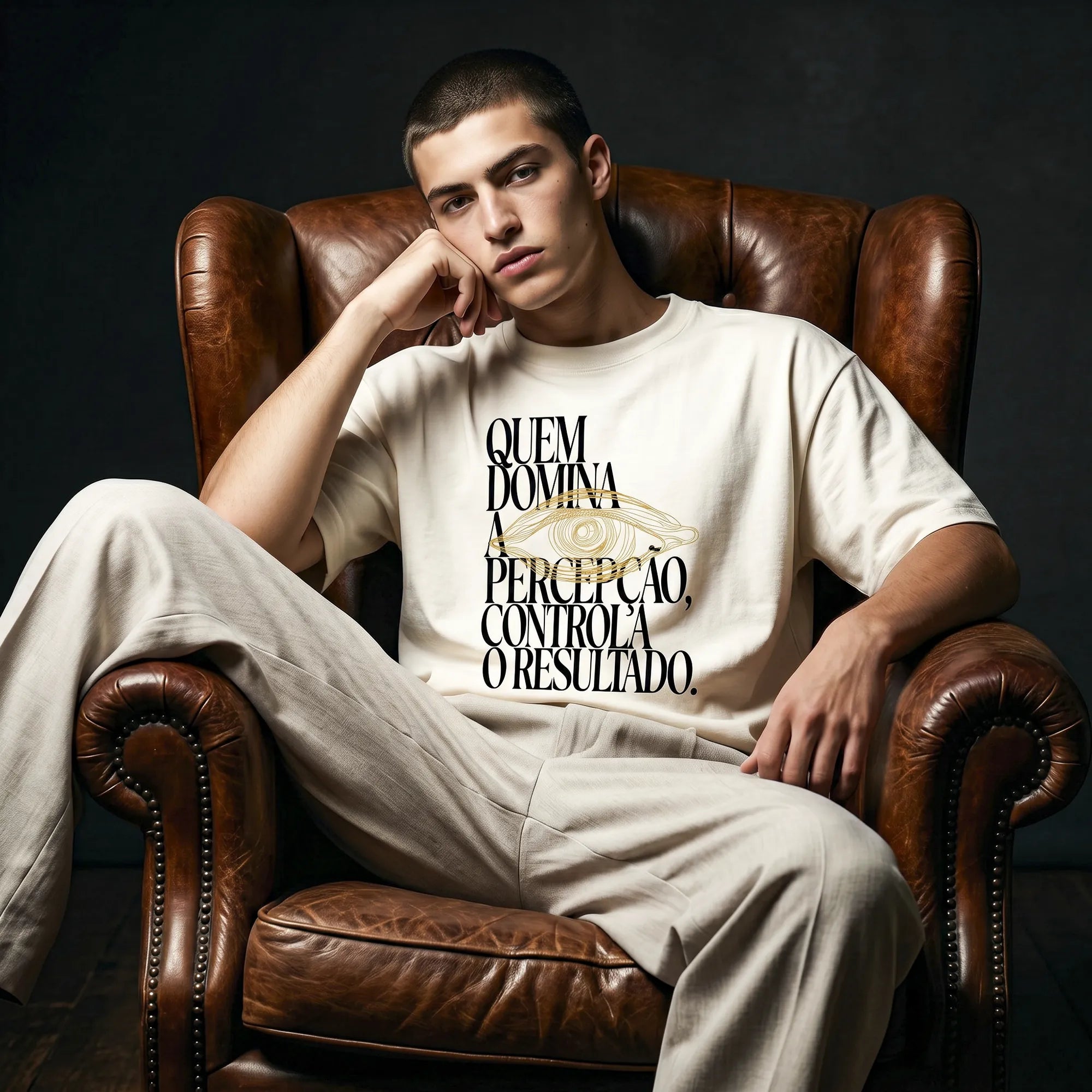 Camiseta Oversized Quem Domina a Percepção, Controla o Resultado Masculina Off-White
