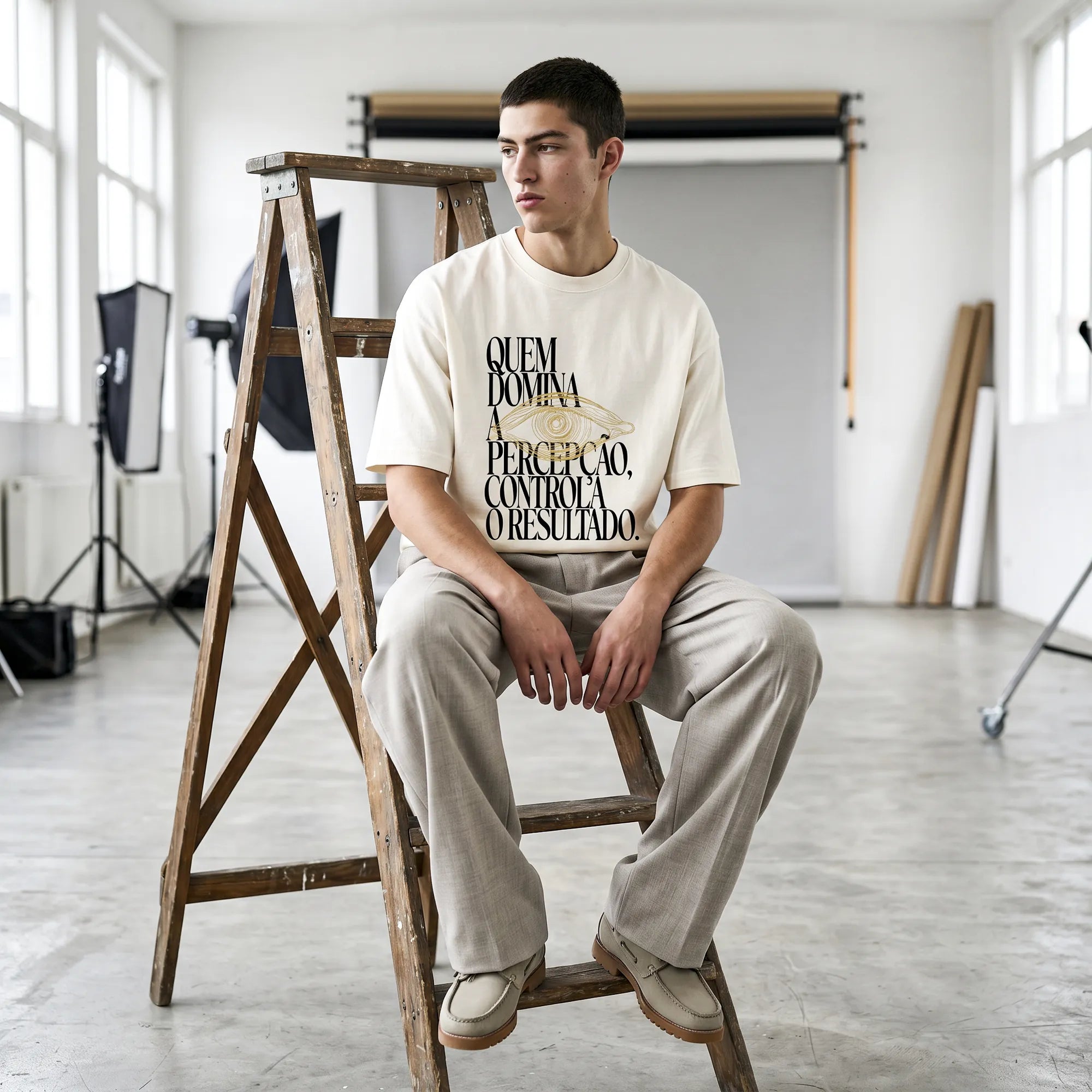 Camiseta Oversized Quem Domina a Percepção, Controla o Resultado Masculina Off-White
