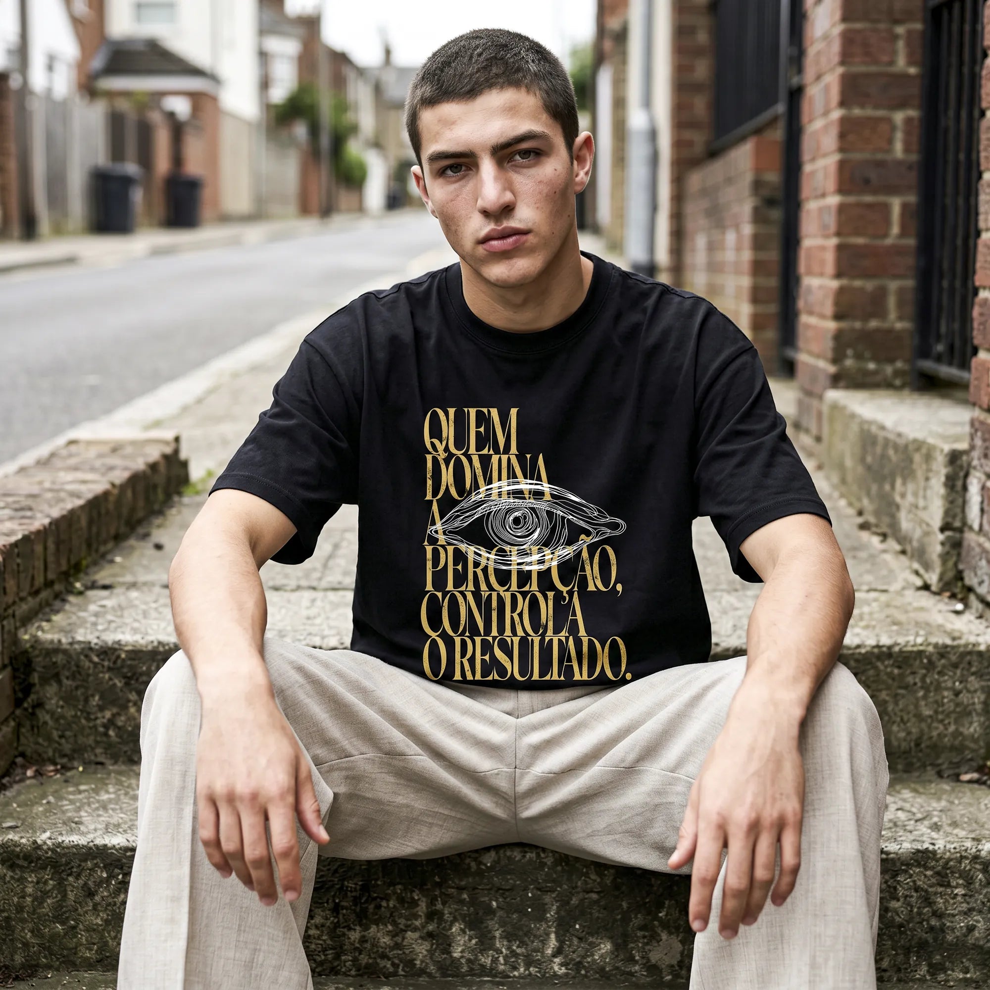 Camiseta Oversized Quem Domina a Percepção, Controla o Resultado Masculina Preto