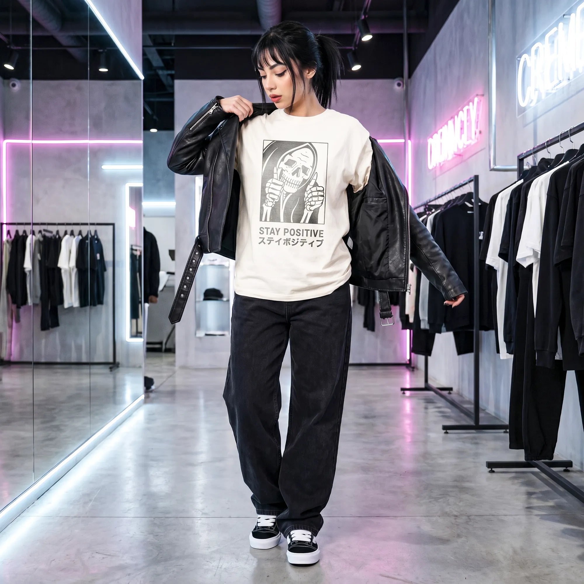 Camiseta Oversized Stay Positive Feminina Off-White