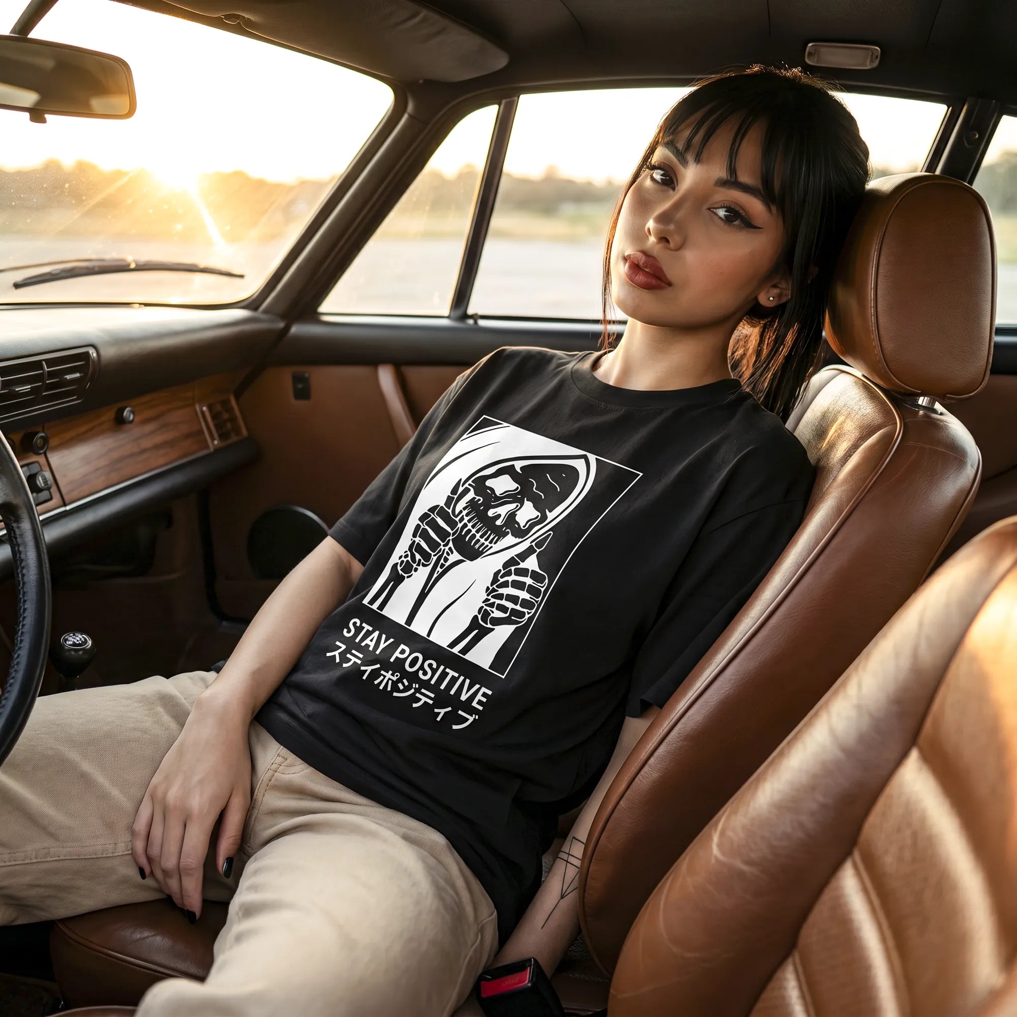 Camiseta Oversized Stay Positive Feminina Preto