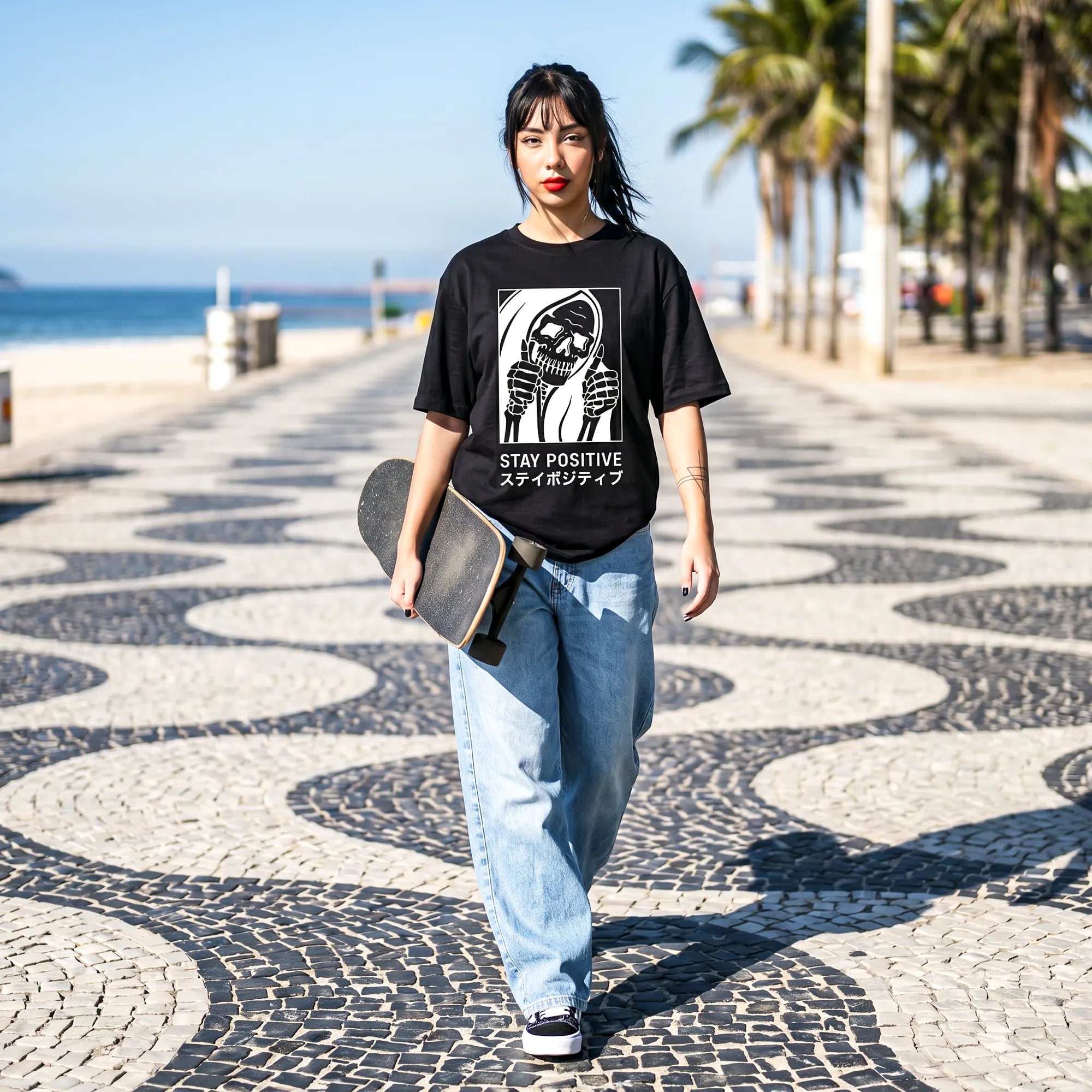 Camiseta Oversized Stay Positive Feminina Preto