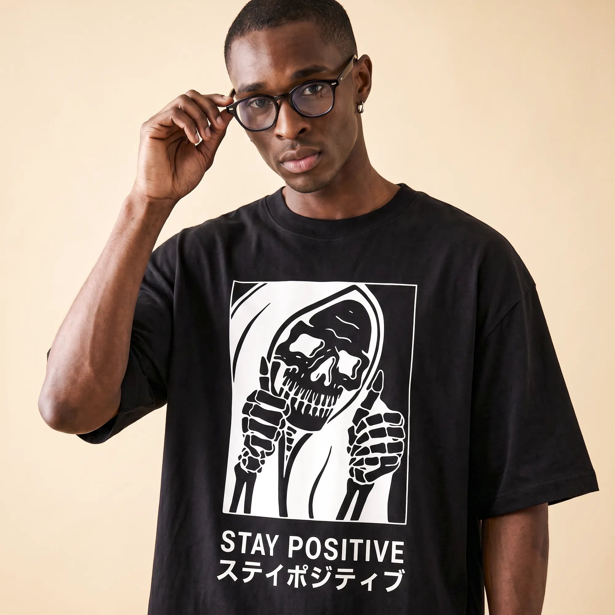Camiseta Oversized Stay Positive Masculina Preto
