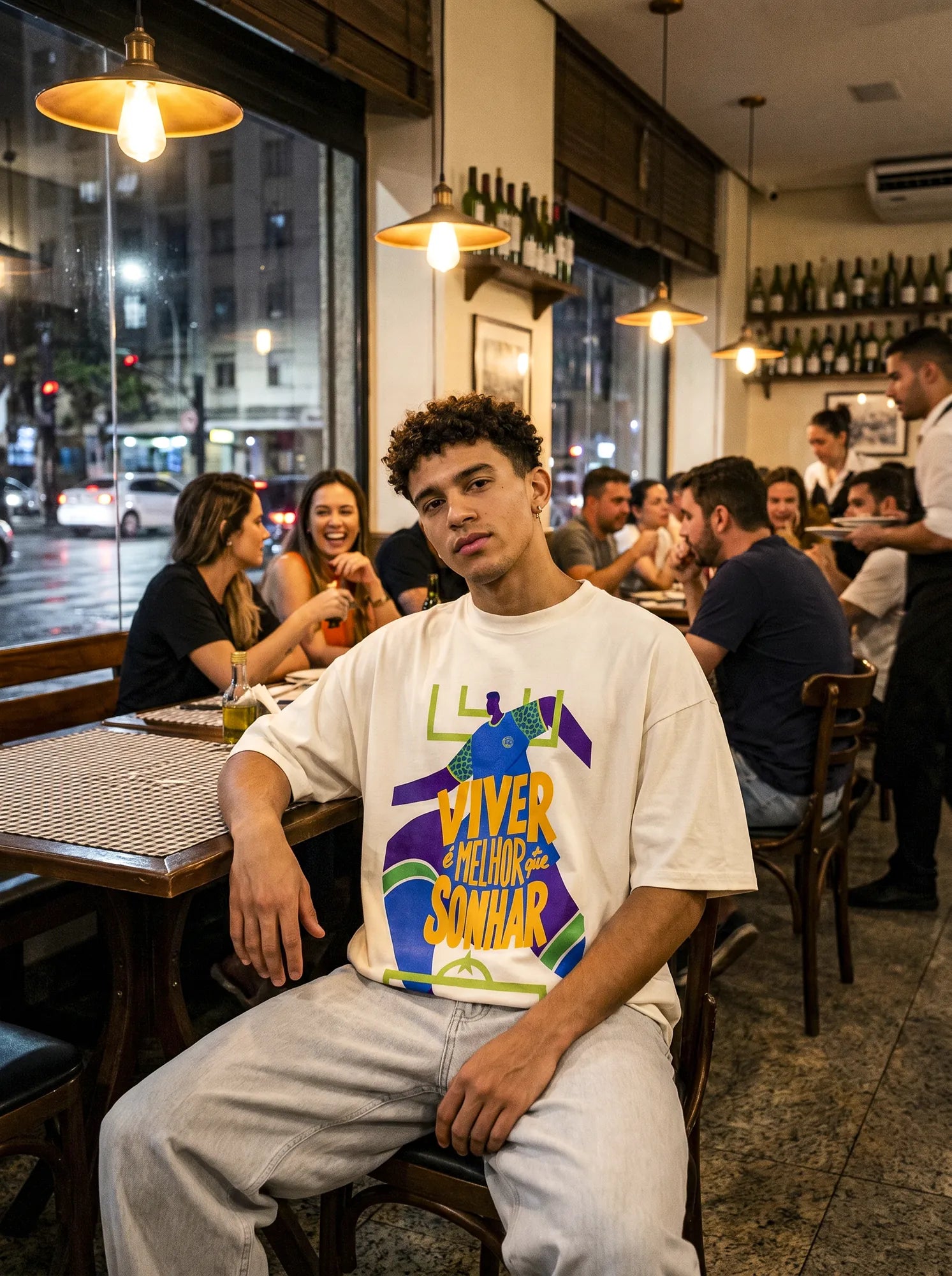 Camiseta Oversized Viver é melhor que sonhar Masculina Off-White