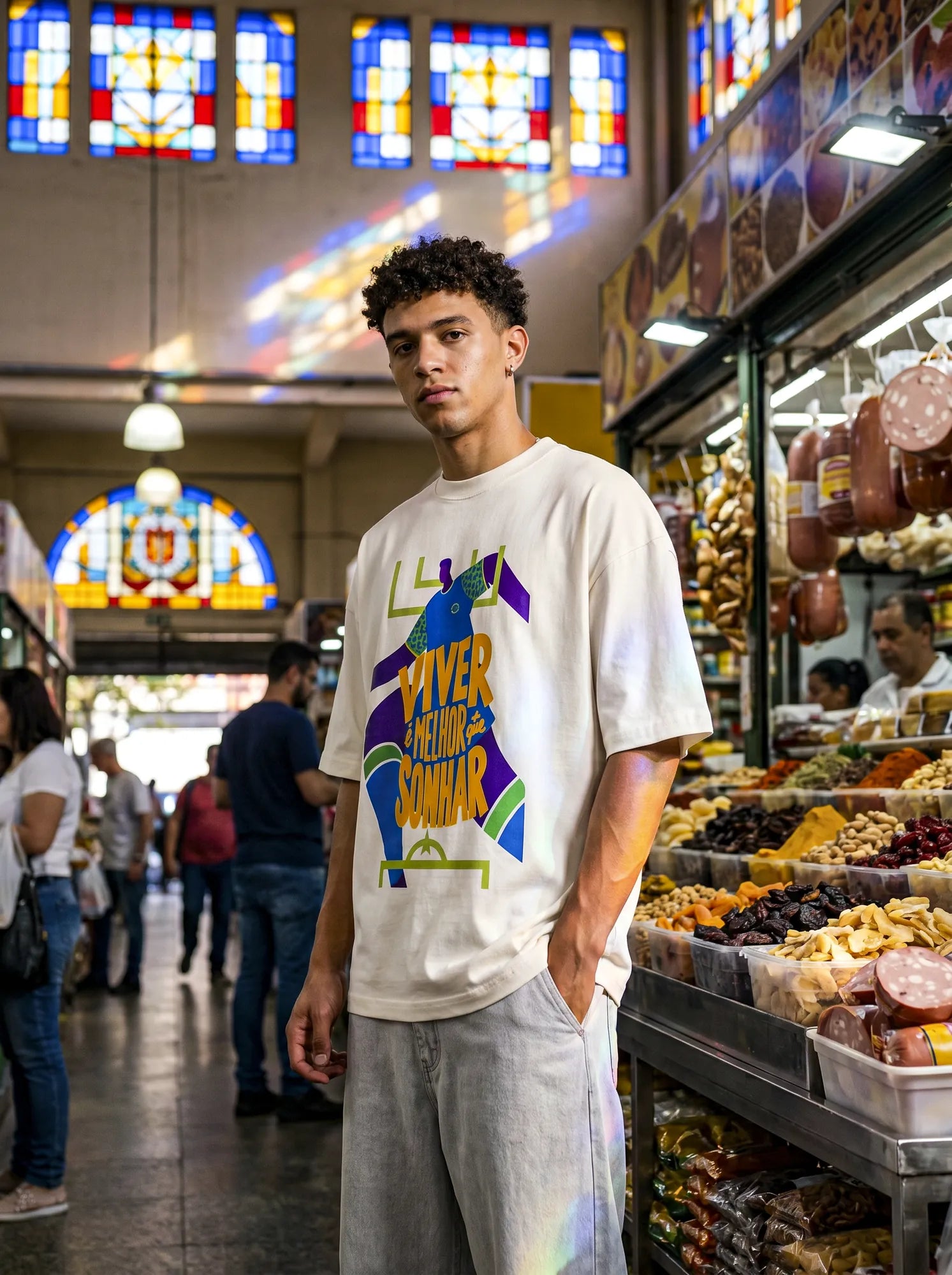 Camiseta Oversized Viver é melhor que sonhar Masculina Off-White